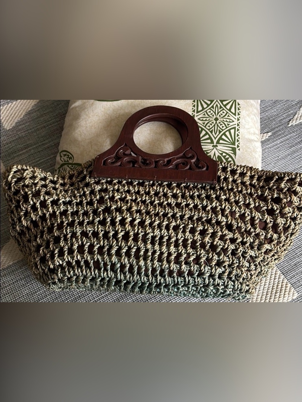 Handcrafted Brown Crochet Bag with Wooden Handle